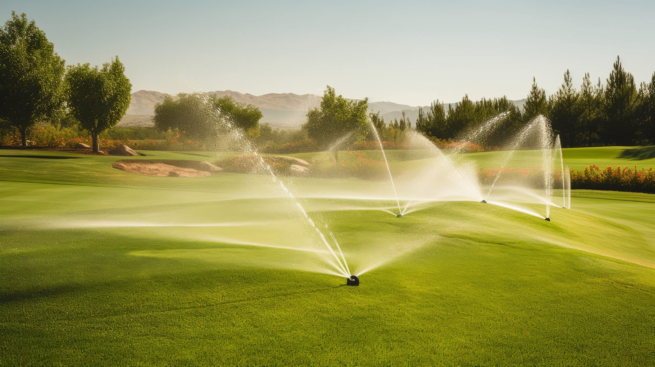 Golf course irrigation system watering a green, a larger asset often funded with longer term golf course equipment finance